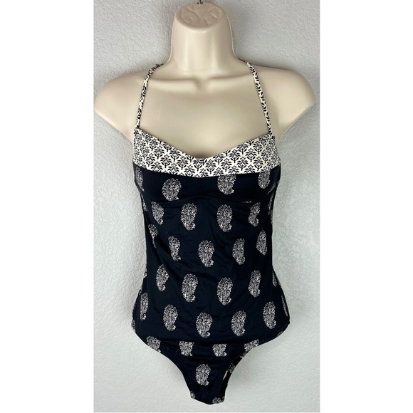 Madewell Black One Piece Swimsuit with White Pasley Print, size 2 - Picture 2 of 7